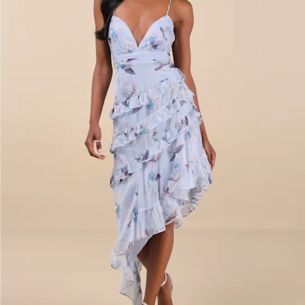 LULUS Blue Floral Asymmetrical Dress (size L)